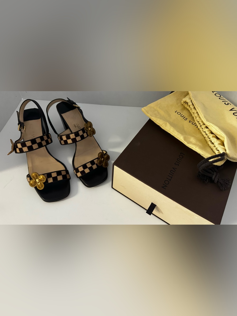 Authentic Vintage Louis Vuitton Brown & Tan Checkerboard Sandal with Gold Flower